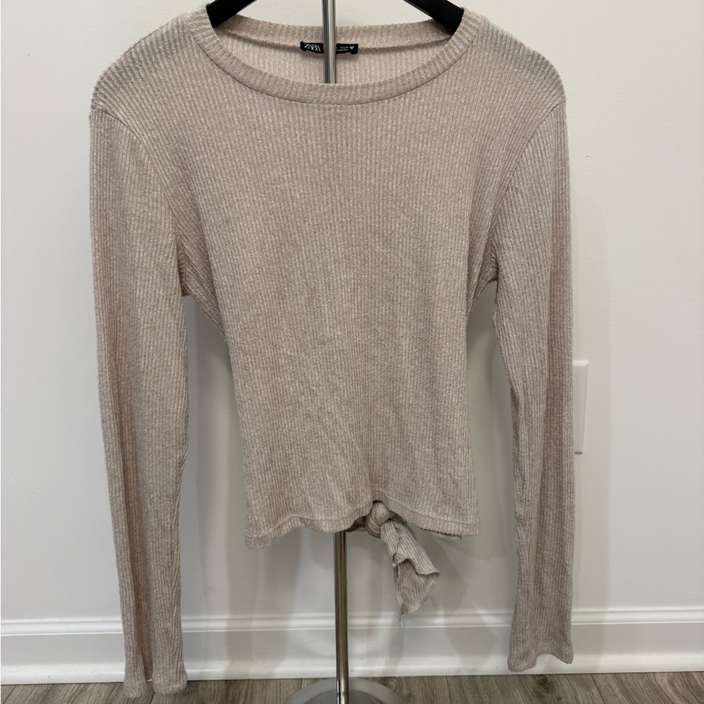 Zara Ribbed Long Sleeve Knit Top Side Tie Ruched Beige Oatmeal Women’s Large